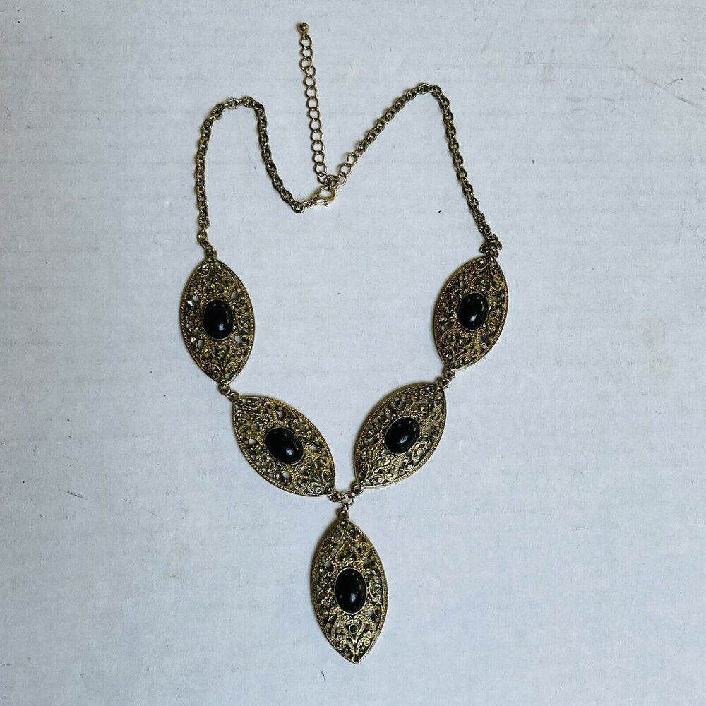 Gold Tone Green‎ Rhinestone Black Stone Drop Necklace Fashion Girl Boss